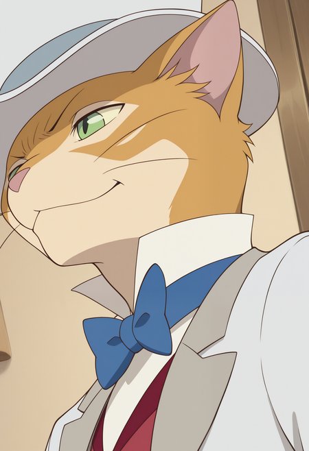 masterpiece,best quality,amazing quality, 1boy, solo, b4r0n, cat boy, colored sclera, green eyes, white top hat, blue bowtie, white tailcoat, red vest, white shirt, close up, side angle, smirk, cool, confident,