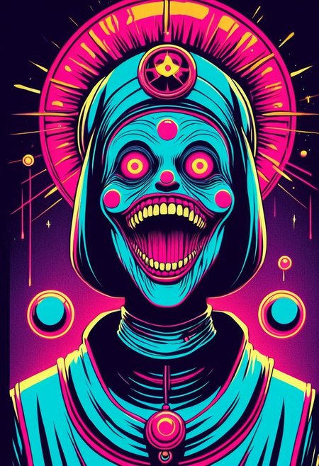 3d cosmic horror vector graphic of space clown ninja nun, huge grin, high quality, high resolution, neonnightmares, very detailed, bold lines, high contrast, Duncan Gutteridge