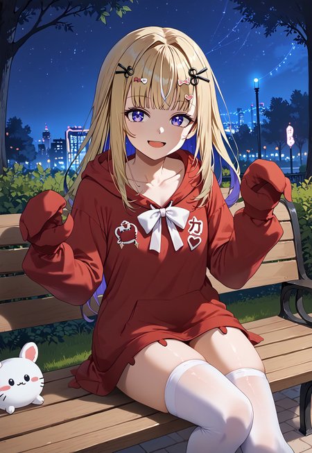 safe_pos, 1girl, solo, solo focus, highres, absurdres, ShiinaCrab, bangs, hair ornament, red hoodie, long hair, blue eyes, blonde hair, hood up, long sleeves, hair clip, thighhighs, purple eyes, sleeves past wrists, multicolored hair,  white bow, collarbone,

looking at viewer, sitting, leg up, hands up, smile, open mouth,

park, park bench, night, night sky, neon lights, shade, 