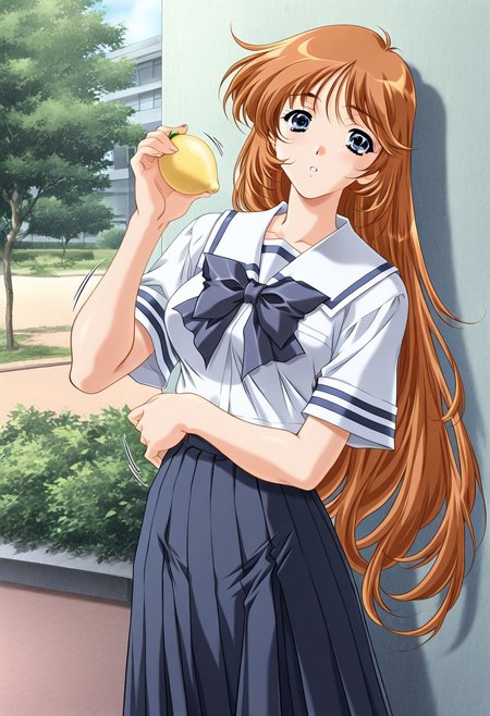 masterpiece, best quality, newest, highres, uncensored, 1girl, yokota mamoru style,1girl, slender face，motion lines,Kobayakawa_Mizuho, blue eyes, very long hair, orange hair, bangs, breasts,Brown Hair , Waist Length hair, Blue Eyes,1990s (style),slim,solo,
school uniform, 1girl, long hair, food,brown hair, fruit, lemon, blue eyes, day, holding, skirt, bow, holding fruit,sedective face,torogao