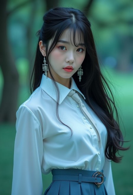 Realistic photograph, Movie light, film grain, a stunning real medium breasts Korean woman with long, flowing dark hair, her piercing gaze directly addressing the viewer. 4k, high quality, (best quality:1.1), realistic, photorealistic, close-up, upper body, (ultra HD quality details), High Fashion, A highly detailed, realistic digital photo of a Korean woman 28yo with a pale complexion, emphasizing her enigmatic and mystical aura, high resolution, rich textures, and contemplative mood. Her eyes are a deep piercing and  brown, dynamic angle, dramatic pose, haute couture, elegant, ornate clothing, dark straight hair with a few loose strands framing her face, against a cyan gradient background, necktie, skirt, ponytail, school uniform, shirt, looking at viewer, outdoors, white shirt, blue skirt, tree, cosplay, belt,