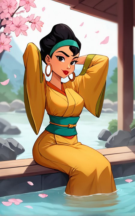 score_9, score_8_up, score_7_up, score_6_up, looking at viewer,  BREAK
MainOutfit_EmprorerGroove_Chicha_ownwaifu, 
1girl, black hair, dark-skinned female, jewelry, black eyes, makeup, lipstick, short hair, headband, hairband, red lips, hair bun, breasts, hoop earrings, single hair bun,
yellow dress, long sleeves, wide sleeves, japanese clothes, belt, orange dress, sash, 
(sitting, soaking feet, arms behind head), onsen, mount fuji, cherry blossoms, outdoors,<lora:PONYXL_EmprorerGroove_Chicha_ownwaifu:0.65>, depth of field, solo,