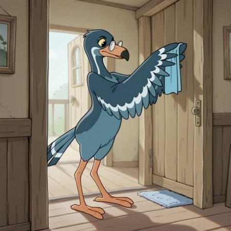 masterpiece, best quality, amazing quality, Magpiebbil, semi-anthro, female, bird, blue feathers, black eyes, yellow sclera, winged arms, glasses,  standing, inside, cleaning
