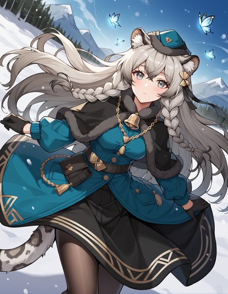 score_9, score_8_up, score_7_up, source_anime, rating_explicit, BREAK <lora:arkPramanix_XL-Pony_LoRA-C3Lier_16-16-8-8_AdamW_Un3e-4_Te1.5e-4_10batch:1>, pramanix \(arknights\), 1girl, grey hair, long hair, very long hair, twin braids, grey eyes, leopard ears, animal ear fluff, leopard tail, medium breasts, official alternate costume, blue headwear, hair ornament, necklace, jewelry, blue coat, long sleeves, black capelet, fur-trimmed capelet, black gloves, bell, belt, black skirt, long skirt, pantyhose, dutch angle, expressionless, blush, floating hair, floating, looking at viewer, facing viewer, light particles, light rays, aura, wind, glowing butterfly, snow, snowing, forest, mountainous horizon
