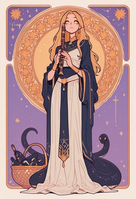 score_9, score_8_up, score_7_up, masterpiece, best quality, very aesthetic, incoth, (incase:0.6), detailed face, (dynamic:1), 1woman, blonde hair,  long hair, mature, lamia, snake girl, middle eastern outfit, golden eyes, white pupils, in basket, cobra, flute, entranced, Flatline, Flat vector illustration , SMN0UV34UDSK, art nouveau, belle époque, jugendstil, secession, liberty, guimard, mucha, klimt, fin de siècle
