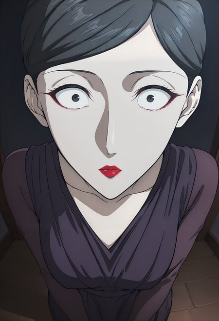 best quality, amazing quality, perfect quality, high quality, masterpiece, absolutely eye-catching BREAK
<lora:Migi_to_Dali_-_Reiko_Ichijo:1> MigiReiko, black eyes, black hair, short hair, single hair bun, parted bangs, red lipstick, medium breasts BREAK
purple dress, long sleeves BREAK
dark background, 1girl, solo, fisheye, wide eyed, from above, close-up, constricted pupils, emotionless