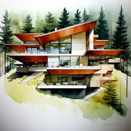 a modern house in the forest, archwatercolor, watercolor, painting,