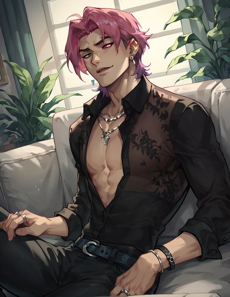 score_9, score_8_up, score_7_up, hs kayn, solo, looking at viewer, shirt, 1boy, jewelry, sitting on sofa, upper body, pink hair, male focus, earrings, open clothes, collared shirt, belt, pants, necklace, bracelet, black shirt, open shirt, dress shirt, black pants, ring, pectorals, belt buckle, pectoral cleavage, heterochromia, green eyes, red eyes, 
<lora:HS_Kayn_Test2:0.76>, zPDXL, indoors, night