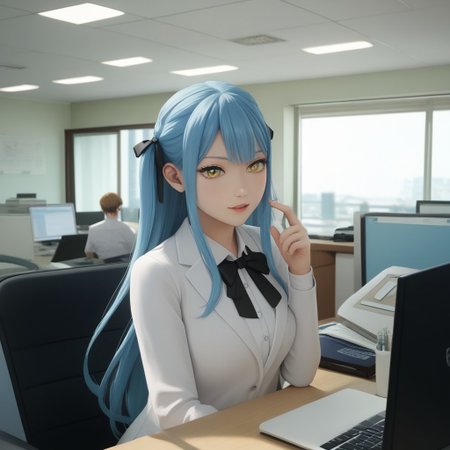 score_9, score_8, score_7, anime style, anime, (masterpiece:1.2, best quality:1.2), ((ultra-detailed)), best anatomy, togawa sakiko, long hair, blue hair, yellow eyes, black ribbon, hair ribbon, two side up, bangs,  messyjapaneseoff1ce, office interior, indoors, office, doing_customer_assistant_work, in front of computer,