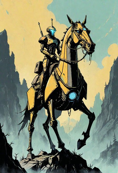 a tall vintage robot riding a futuristic horse-pod in an alien landscape, western, hyper detailed, sci fi, minimalist_sci-fi_dystopia