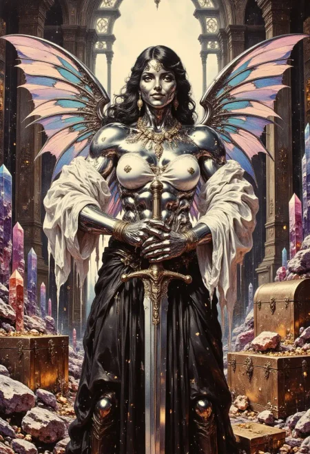 Realistic oil painting of a strong (Violet Eyes and flowing Black Hair, Extravagant Multicolored Crystalline Fairie Wings, MetalFairie, Fairie Woman with Metallic Chrome Skin, Huge Muscles) She's wearing a white corset with flowing sleeves, a black leather pleated skirt, and black leather boots. The womans strong muscular frame grips a huge sword with one hand it's jagged blade glowing faintly with runic etchings. Her expression is that of amusement, her lips curved up in a smirk. Adorning her chest are an arrangement of necklaces with ancient symbols. She stands in large room filled with treasure chests filled with gold and massive multicolored crystals, with huge stained glass windows. Her metallic skin sparkles with crystalline dust, and sweat trickles down her cleavage and her huge muscles.