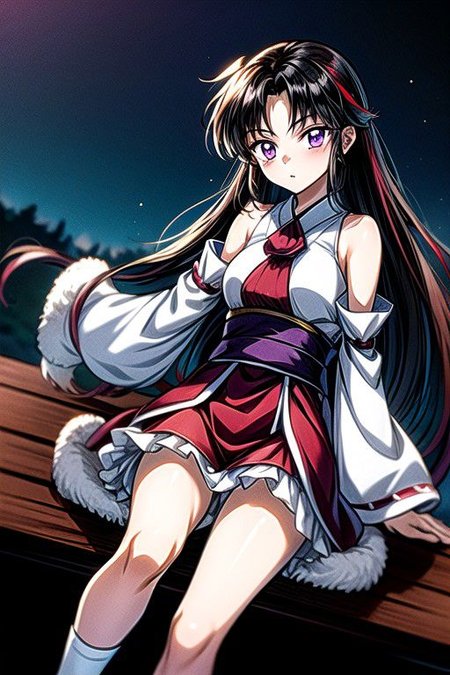 masterpiece,  best quality 1girl Setsun4 solo long hair,  (night time) forest background black hair very long hair purple eyes multicolored hair armor (fur trim) (medium body),<lora:EMS-179-EMS:0.800000>,<lora:EMS-293862-EMS:0.800000>ascot, bare shoulders, black footwear, detached sleeves, embellished costume, frills, japanese clothes, nontraditional miko, red skirt, sandals, sarashi, skirt, socks, white sleeves, white socks, wide sleeves, yellow ascot, zouri, armor, miko