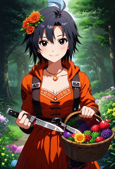 (zPDXL2), score_9, score_8_up, score_7_up, score_6_up, source_anime, <lora:Worldly_XL:1> volumetric lighting, warm colors, motion effects, best quality, wallpaper art, looking at viewer, woods, (knives:1.5), berries, flowers, insects
1girl, solo, 18 year old, Little Red Riding Hood on a path in the woods, holding basket with knives, delicate and smooth skin, cleavage, shy smile, eyes open, low cut, 
<lora:KikuchiMakoto_pony_v1:0.9> kkcmkt, short hair, black hair, antenna hair, hair between eyes, black eyes, flat chest,  small breasts, 
Expressiveh,  <lora:c0l0urc0r3XLP2:0.40> c0l0urc0r3, cute, bright colours, candy, <lora:RELSM_v1:0.90> <lora:[GP] somethingweirdv1 [Pony XL]:0.20>