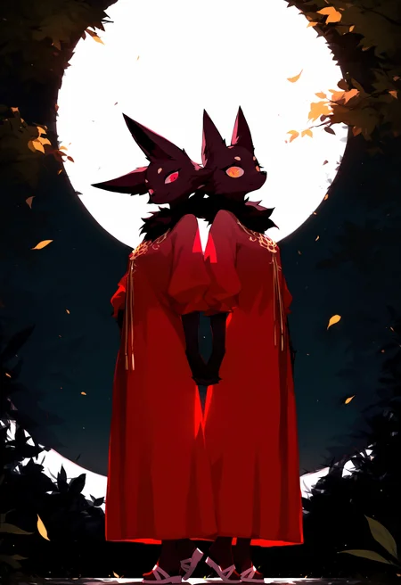 cutesy-two, k3go-bbb, by 96yottea, glowing, depth of field, no lineart, flat color,
2girls, mature female, tall, lanky, furry, coyote girl, dark fur, holding hands, standing, leaning, glowing eyes, head tilt, red eyes, orange eyes, sandals, long ears, detailed fur, chest tuft, pensive, light smile, dynamic pose, green leaves, falling leaves, twigs, night, dappled moonlight, scenery, backlighting, red tunic, detailed clothing, gold trim, ornamentation, aura, long dress, witch, side-by-side,
from side, atmospheric perspective, giant white moon in background,
masterpiece, very awa, amazing quality, best quality, newest, highres, absurdres, high contrast, low gamma,
<lora:CutesyCo:0.5> <lora:k3monogo-illu-v01:0.45> <lora:ma1ma1helmes_b:0.5> <lora:HaradaTakehito_NAI:0.7>  <lora:NOOB_vp1_detailer_by_volnovik_v1:1.0>