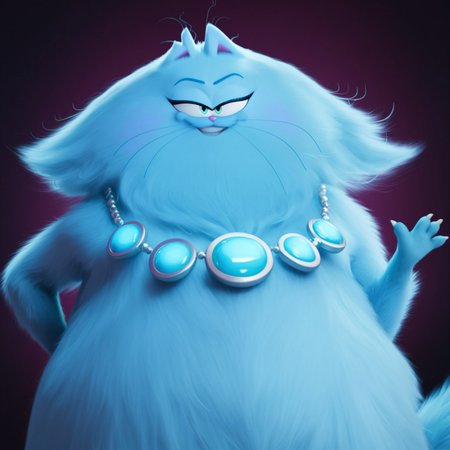 safe_pos, score_9, score_8_up, score_7_up, masterpiece, best quality, highly detailed, realistic, 1girl, solo, (JinxGF, furry, anthro, feline, female cat, persian cat, cut ear, pink inner ear, blue eyebrows, thin eyebrows, light-blue eyes, black pupils, pink nose, pink cheeks, whiskers, light-blue body, light blue fur, tail, fluffy tail, overweight female, neckwear, blue necklace), looking at viewer, smile, closed mouth, teeth, purple background, simple background, waving, 4 fingers, white claws, (seductive look), close-up, Expressiveh, hand behind back