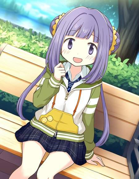 masterpiece, best quality, newest, absurdres, highres, safe, 1girl, yume urara \(school uniform\), magia record: mahou shoujo madoka magica gaiden, solo, sitting, open mouth, outdoors, dutch angle, <lora:yume_urara_noobaiXLNAIXL_vPred10Version:0.7>