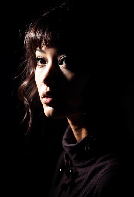 Silhouette Art, magnificent, dark background, portrait of stunning oriental woman, seductive, sultry, lustful, light hitting one side of face