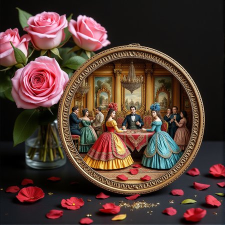 Miniature diorama of a masquerade ball next to a bouquet of roses, detailed digital illustration of a masquerade ball held in a palace, 19th century, colorful dresses, masks, well-dressed women, glamorous, lascivious and somewhat decadent atmosphere, <lora:Flux.1_Turbo_Detailer:0.7>, <lora:Diorama_Flux:0.8>