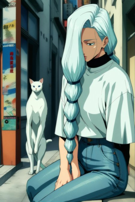 1girl, mei mei \(jujutsu kaisen\), jujutsu kaisen , (90s anime style:1.5), front view, outdoors, street view, (looking down:1.3), perfecteyes, shirt, denim shorts, (a single white cat sitting next to them) <lora:detailed_notrigger:1> <lora:ParchartXL_CODA:0.2> <lora:Isometric Cutaway:1> <lora:PerfectEyesXL:1> <lora:Surreal Harmony:0.2>