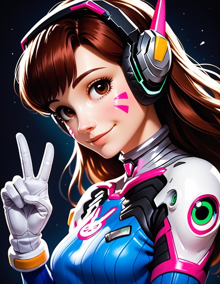 score_9, score_8_up, score_7_up, rating_safe, dark background
1 girl, solo, cute, (short:1.2), small body, (shortstack:1.1), d.va \(overwatch\), headshot portrait, side view, close-up, looking at viewer, bodysuit, (head tilt:1.2), white gloves, slight smile, headphones, dutch angle, v sign