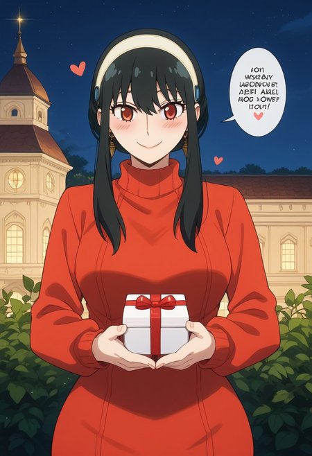 score_9, score_8_up, score_7_up, source_anime,  
BREAK,
happy and in love, gentle smile, looking at viewer, Expressiveh, yor briar, black hair, red eyes, sidelocks, hairband, short hair with long locks, white hairband, medium breasts, dress, long sleeves, red sweater, sweater, sweater dress, 1girl, solo, wide hips, blush, text bubble, hearts, 
standing, standing straight, one hand on hip, upper body, portrait, holding a heart-shaped gift box, 
night, in a luxurious palace rooftop near the beach, outdoors,