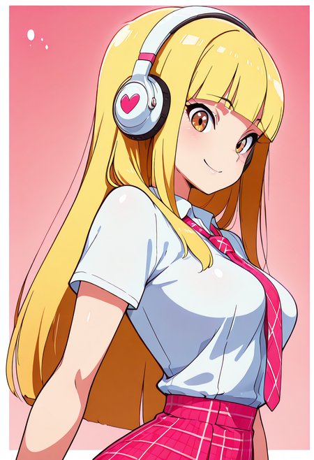 masterpiece, best quality, solo, curvy, beautiful eyes, narrow waist, wide hips, 1girl, solo, smile, looking at viewer, foreshortening, close up,  anime screenshot,    zzPearlCitron, brown eyes, blonde hair, long hair, straight hair, blunt bangs,   white headphones, pink necktie, collard shirt, white shirt, plaid skirt, pink skirt, shirt tucked in,   ,<lora:PearlRakuCitronOC_IXL:1.0>,  , smile, looking at viewer, side view, upper body,  <lora:DiivesIXL:1.0>,