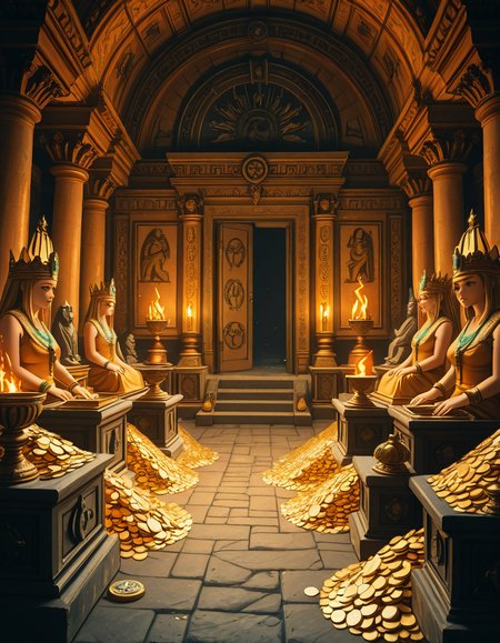 A hidden treasure chamber deep within an ancient temple, illuminated by the warm golden glow of torches and mystical blue light from enchanted crystals. The room is filled with piles of gold coins, jewel-encrusted goblets, and ancient artifacts covered in dust. Massive stone statues of forgotten deities guard the chamber, their eyes glowing faintly as if watching intruders. In the center, a grand pedestal holds a legendary artifactâan ornate golden crown encrusted with emeralds and sapphires, shimmering with an otherworldly aura. The walls are adorned with intricate carvings depicting lost civilizations, and creeping vines hint at centuries of abandonment. The atmosphere is mystical and slightly eerie, with a sense of both wonder and danger. The air is thick with the scent of aged parchment and burning incense, adding to the chamberâs ancient and mysterious feel. Cinematic lighting with dramatic shadows enhances the depth and richness of the scene, creating a visually stunning and immersive environment.
<lora:SDXLFaeTastic2400:0.4> <lora:extremely_detailed:0.4> extremely detailed,treasure ch4mb3r, <lora:treasure_ch4mb3r-i:1>, Masterpiece,best quality,hi res,8k,hi res,8k,award winning,(sharp focus, intricate, highly detailed),