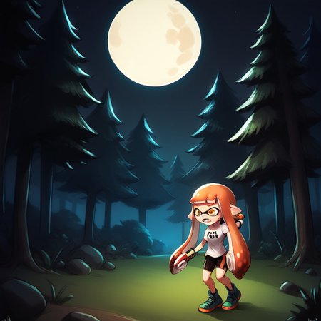 score_9, score_8_up, score_7_up, score_6_up, score_5_up, score_4_up,
luminekoStyle
inkling girl, splat shorts, splat shirt, splattershot (splatoon), 
Night, forest, moon, eyes in the dark, trees, scared, holding splattershot,