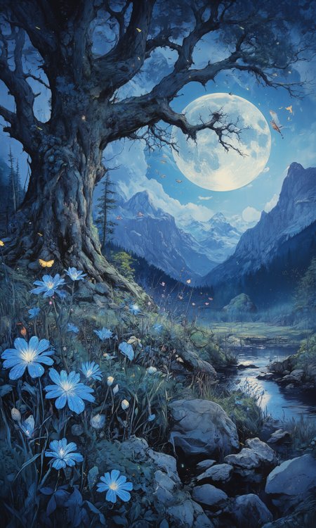 Ethereal moonlit meadow, vast expanse of luminescent blue flowers and silvery grass swaying in gentle breeze, fireflies dancing like stars, ancient gnarled oak tree silhouetted against pearlescent full moon, wispy clouds drifting across starry night sky, dewdrops glistening on petals, nocturnal moths with intricate wing patterns fluttering, distant mountains shrouded in mist, shallow creek reflecting moonlight, moss-covered rocks, glowing mushroom clusters, subtle fog tendrils, 8k resolution, hyper-detailed, atmospheric depth, cinematic lighting, soft focus edges, photorealistic rendering, mystical ambiance <lora:aidmaMJ6.1-FLUX-v0.4:0.3> <lora:Anime v1.3:0.4> <lora:Vintage comic book:0.4> <lora:Semi-realisticPortraitPainting:1.0> <lora:CPA:1.0> <lora:flux_dev:1>