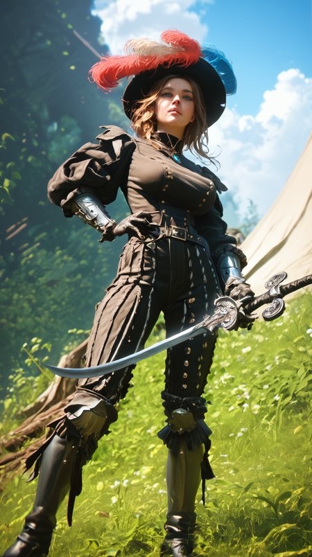 score_9, score_8_up, score_7_up,  realistic, 1girl, slender, slim waist, huge breasts, perfect face, dynamic angle, multi-color, motley, pants, boots, hat, jewelry, plume, weapon, sword,  greaves, l4ndskn3cht,  outdoors, steep <lora:landsknecht-PNY-000009:1.0>
 <lora:Dramatic Lighting Slider:1>  <lora:Perfect Hands:0.5> Perfect Hands