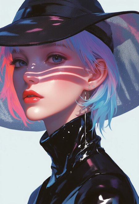 A hyper-stylized, avant-garde photograph with vibrant neon aesthetics, showcasing a close-up of a striking woman’s head and shoulders. She wears a sleek, glossy black outfit that clings tightly to her slender figure, emphasizing her high-fashion appeal. Her deep red lips stand out boldly against the otherwise monochrome attire. Atop her head sits an oversized, wide-brimmed translucent mesh hat, featuring horizontal black stripes that cast intricate, geometric shadows across her partially obscured face. Only her lips, eyes, and part of her forehead peek through the shadows, adding a layer of mystery and sophistication to her avant-garde presence.
 ((glow_skin,iridescent skin,oily skin,portrait))