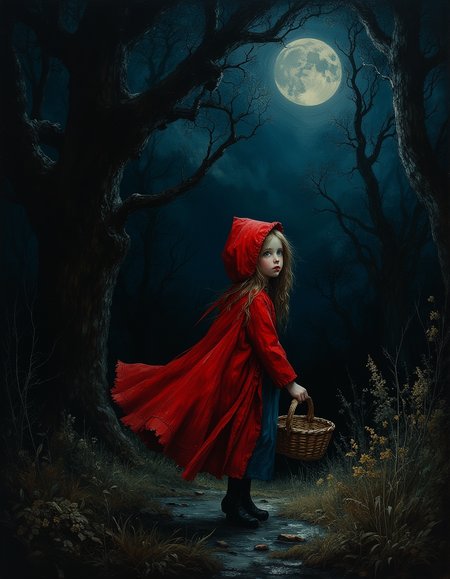 masterpiece, high quality, Oil Painting, Hyper-realistic. A concerned Little Red Riding Hood walking cautiously through a dense, shadowy forest under the pitch-black night sky. Her red cloak, vibrant and flowing, provides a striking contrast against the dim, moonlit surroundings. The woods are thick with towering, gnarled trees whose twisted branches reach out like skeletal hands, creating ominous silhouettes. Her face is a pale, almost translucent white, with lips painted a vivid red. A faint mist swirls at her feet, and the distant glow of fireflies adds an eerie, magical ambiance. Her expression is tense, her blue  are eyes wide with worry as she clutches her wicker basket tightly. Subtle details, like the glint of moonlight reflecting off her golden locks and the rustle of leaves in the cold breeze, enhance the sceneâs chilling atmosphere. The faint outline of wolf-like shadows lingers in the background, just barely visible, evoking a sense of looming danger.  Her body is skinny and petite. brush strokes, warm light, magic, extremely coherent, cute, beautiful, cinematic, stunning, creative, positive, cheerful, unique, cool, inspiring, pure, rational, very inspirational, friendly, thought, glowing, magical, perfect, intricate, wonderful, lovely, novuschroma, del1cate_balance style, in the style of Rembrandt. FS, vantablack <lora:style_of_Rembrandt_FLUX_135:.8> <lora:- Flux1 - vanta_black_V2.0:.8> <lora:Delicate_Balance:.3> <lora:neeeg_f1:-1> <lora:113_novuschromaFLX_1:.2>