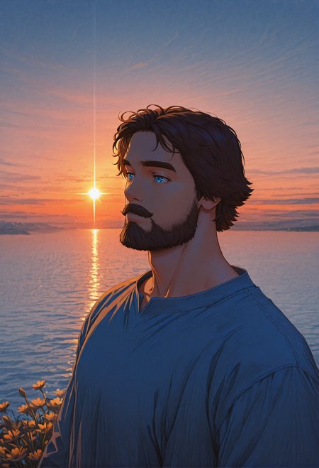 blue hour shot of golden hour shot of concept art (masterpiece,best quality,amazing quality,absurdres), muscular, slavic theme, 
<lora:iluha:0.8> iluha, 1boy, male focus, beard, brown hair, solo, facial hair, blue eyes, mustache, short hair, thick eyebrows, abstract, colorful, upper body, flower, water
 <lora:NOOB_vp1_detailer_by_volnovik_v1:1> <lora:illustrious_quality_modifiers_masterpieces_v1:1>  <lora:illustrious_h_v2:0.5> <lora:DarkerThanBlackIllustrious:0.7> naight, from above <lora:114558v4df2fsdf5:1> 15546+456868 . digital artwork, illustrative, painterly, matte painting, highly detailed. Warm light, sunset/sunrise, magical, serene. Cool light, twilight, peaceful, moody