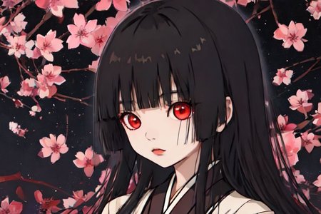 enma_ai, girl1, bangs, black hair, long hair, gothic kimono, night village japa