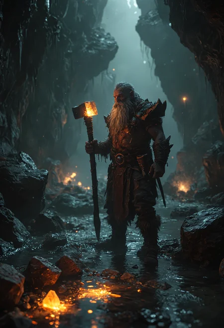 An underground realm with glowing crystals, subterranean rivers, a dwarf with a giant hammer, shadowy beings moving through the darkness, sharp image, extreme details, vibrant, 8k resolution <lora:add-detail-xl:0.5> <lora:MJ52:0.5> <lora:zavy-flrscnc-sdxl:0.5>