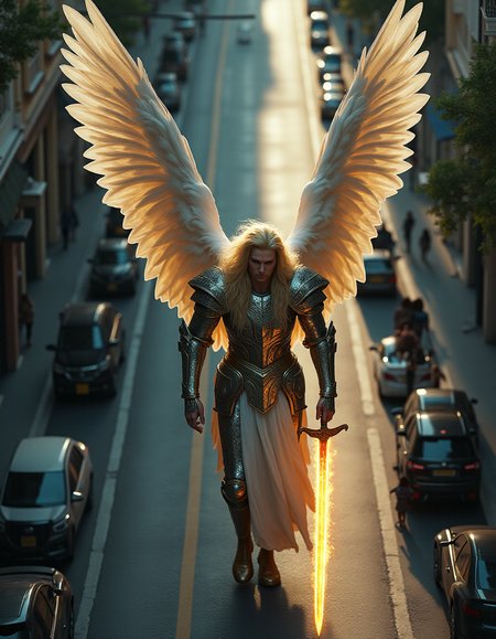 A bird's eye view,A real angel with a human appearance, long blonde hair, walking in the city of Rio de Janeiro, Brazil. The angel is 50 meters tall, the height of multi-story buildings, with enormous wings extending behind him. The image was taken by a high-resolution drone. The angelâs form is majestic, casting long shadows on the ground, dressed in armor similar to the Knights of the Zodiac, wielding a flaming sword. He advances with calm steps. His expression is serene, and people and cars parked on the street seem tiny in comparison to his size. The overall atmosphere combines a sense of awe and reverence with the mundane elements of urban life. high resolution, high quality UHD, VRay style realism, ray tracing VFX, SSOA, GTX enabled, UHD, high quality UHD, VRay style realism, ray tracing VFX, SSOA, GTX enabled, UHD, high quality skin, 8K UHD, VRay-style rendering