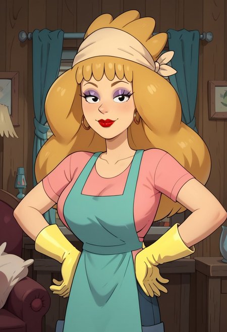 ((room background)),score_9, score_8_up, score_7_up,score_6_up, 
1girl, solo, Tinona_C, light skin, black eyes, blonde hair, long hair, voluminous fluffy hair, golden hoop earrings, red lipstick, violet eyeshadow, pink T-shirt, jean shorts, beige bandana on the head, teal apron, yellow gloves, violet slippers, cute, tall stature, social smile, perfect eyes, perfect smile, looking at the viewer, detailed eyes, perfect eyes, standing, big breasts (front pose, front view, bust shot) five fingers, perfect hands, hands on hips