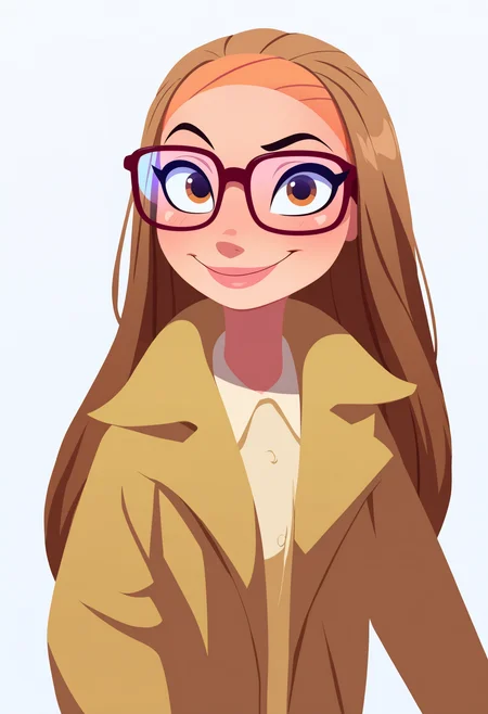 best quality, amazing quality, very aesthetic, absurdres, thick lineart,
1girl, hlcivil, brown eyes, brown hair, long hair, 
glasses, headband, coat,
upper body,
smile, looking at viewer, solo, simple background, white background,   <lora:HoneyLemonNoobXL_byKonan:1>