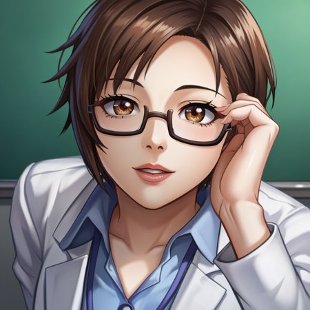 score_9, score_8_up, score_7_up,score_6_up,uncensored,detailed eyes,perfect eyes,extremely detailed CG,extremely detailed face,detailed Lora,best quality,source_anime,anime,perfect face, beautiful eyes,beautiful face, detailed eyes ,masterpiece,high resolution, distinct image BREAK  <lora:CSO_Soi:1>CSO_Soi, 1girl, solo, glasses, lab coat, brown hair, short hair, skirt, pencil skirt, brown eyes, high heels
