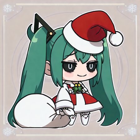 <lora:Padoru_IL:1> Padorumeme, santa_dress, chibi, holding_sack, santa_hat, smile, <lora:39neko:1> hmmnt, twintails, very long hair, hair ornament, green hair, sidelocks, black sclera, white pupils, half-closed eyes, raised eyebrows, bags under eyes, white shirt, collared shirt, sleeves past wrists, bridal garter, single strap, frills, animal ear legwear, cat ear leagwear, white thighhighs, no shoes
