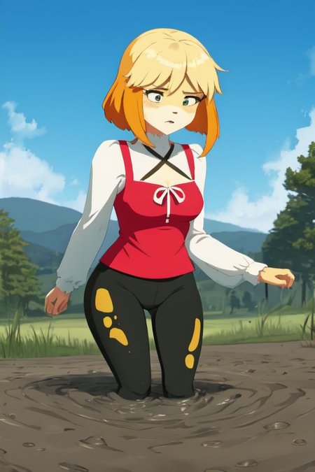 isabelle \(animal crossing\), (masterpiece, best quality:1.15), 1girl, solo, large breasts, high cheekbones, thick eyebrows, small mouth, looking to the side, leaning forward, adjusting clothes, tight leggings, green crop top shirt, starry nights, long hair, twin short braids, scared, partially submerged, struggling, farmland bog, quicksand