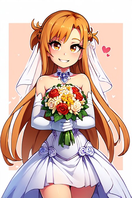 score_9, score_8_up, score_8, medium breasts, (curvy), cute, eyelashes,       BREAK, , zzAsuna, asuna (sao), long hair, brown hair, brown eyes, braid, very long hair,  <lora:Asuna_SAO_PDXL_v3:0.8>,, BREAK, smile, looking at viewer,  bride, wedding dress, bridal veil, strapless dress, elbow gloves,  holding bouquet,  hearts, white outline, cowboy shot, embedding:zPDXL, Expressiveh, <lora:theOtherHalfPDXL:0.8>,  <lora:CatalystStylePDXL:0.6>,  <lora:SDXLFaeTastic2400:0.5>,  <lora:Expressive_H-000001:0.4>,
