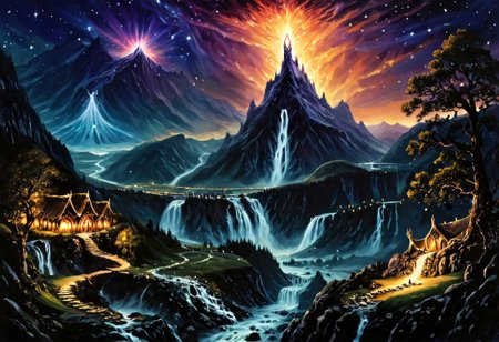 High fantasy style, Tolkien, Illustration, epic art, Synthetism, majestic, fairy tale, masterpiece, (high contrast, sharp contrast:1.2) crystal clear, sharp, contrast, Wallpaper Fusion, The Lord of the Rings style, night time, mountainous landscape, trees, grass, magical energy, starry sky, stones, river, waterfall, bridge, distant ancient kingdom,