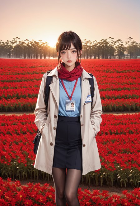 ,ruanyi0956,flower field,outdoors,sunset,,ruanyi0904,black skirt,blue shirt,coat,red scarf,red lanyard,ID card,black pantyhose,<lora:0956 Red flowers everywhere_v1_pony:0.8>,<lora:0904 Douki Chan clothing_v1_pony:0.7>, score_9,score_8_up,score_7_up,,8k,1girl,solo,,