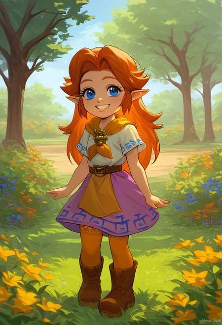 (((score_9, score_8_up, score_8, solo, female, malon, short sleeves, boots, belt, malon dress, purple skirt, brown belt, yellow neckerchief, orange long stockings, female, cute, cub, young cub, young))), (((eye lashes, brown hair, blue eyes))), (masterpiece, best quality, hires, high resolution:1.2), rating_safe, detailed background, (((garden, tree, outdoors, grass, orange long stockings))), (((smile, suggestive, looking at viewer))) (((laying on grass, side, orange long stockings})), (((female, solo))),