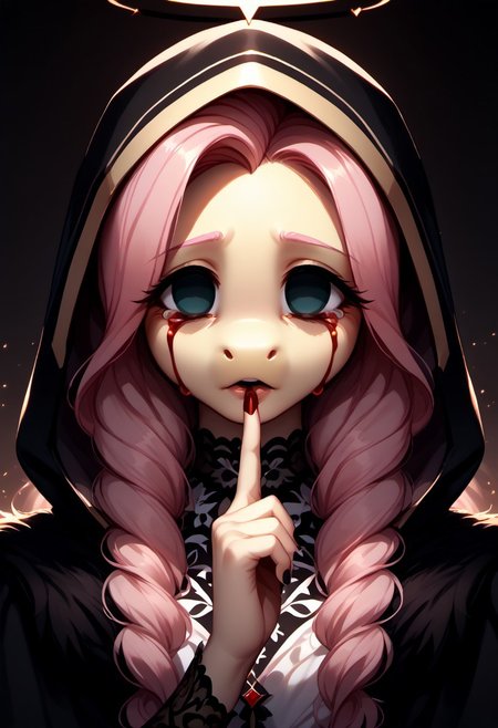 core_9, score_8_up, score_7_up, score_6_up, zPDXL3, (fluffy:1.2), (good_hands:1.3), (Fluttershy:1.3), (anthro:1.3), (pony:1.3), (wings:1.2), (black halo:1.2), GlowingHalo, (empty eyes:1.8), (bloody tears:1.4), close-up of face, (disheveled hair:1.2), Shuffling, (finger to mouth:1.2), (index finger raised:1.2), (character in dark monk's robes with intricate lace details, gothic design, flowing fabrics, heavy textures:1.9), (hood partially covering head, elaborate folds, deep shadows, intricate textures:2.0), (small nose:1.2), dark atmosphere, gothic, mysterious, cinematic lighting, (low-key lighting:1.3), (intricate details:1.3), (ultra-detailed face with balanced shadows and highlights:1.5), (smooth skin texture:1.2), (volumetric lighting:1.2), (subsurface scattering:1.2), (Unreal Engine 5:1.2), (sharp focus:1.3), (dynamic lighting:1.3), (micro-shadows:1.3), (dark tonal harmony:1.4), (subtle lighting gradients:1.3)