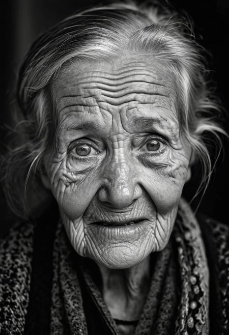 A striking black-and-white close-up of an elderly woman, her weathered face and bright eyes telling stories of a life well-lived, with soft, diffused lighting emphasizing the textures and contrasts. Photographed with a Nikon Z7 II and a NIKKOR Z 50mm f/1.8 S lens.