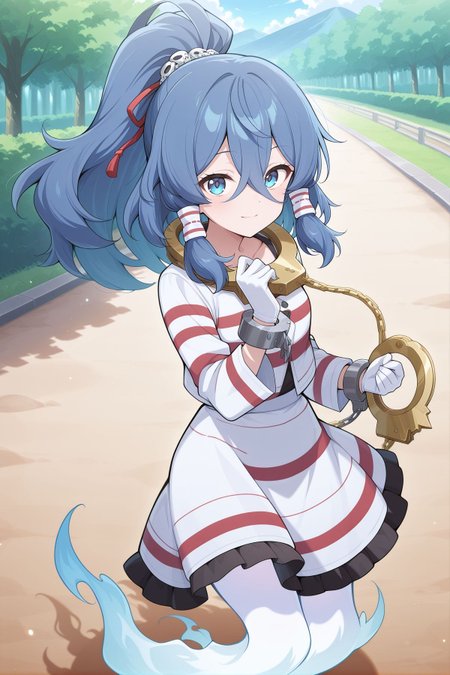 absurdres, highres, masterpiece, best quality, amazing quality, official anime artwork, screencap, anime screencap, outdoors, looking at viewer, light smile, dynamic pose, standing,
 <lora:Mizuchi-Miyadeguchi_Illustrious:1> miyadeguchi mizuchi,  1girl, solo, blue eyes, blue hair, long hair, hair tubes, ponytail, ghost tail,, skull hair ornament, white gloves, white shirt, long sleeves, striped shirt, striped skirt, chain, cuffs, shackles, gold handcuffs, red ribbon,