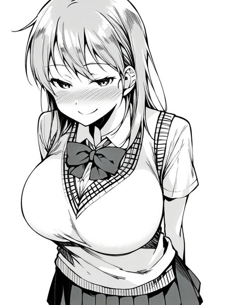 score_9, score_8_up, score_7_up,  
1girl, monochrome, azuki ke, grey hair, long hair, huge breasts,

standing, nose blush, smile, narrowed eyes, looking at viewer, arms behind back, white background,
school uniform, sweater vest, bowtie, white shirt, short sleeves, pleated skirt, collar, 

