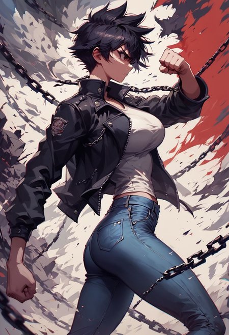 score_9, score_8_up, score_7_up, monochromatic ink, 1girl, determined, tomboy, black jacket, tight jeans, chain, fighting pose, dynamic background, slim, thin, large breasts, masterpiece, detailed face